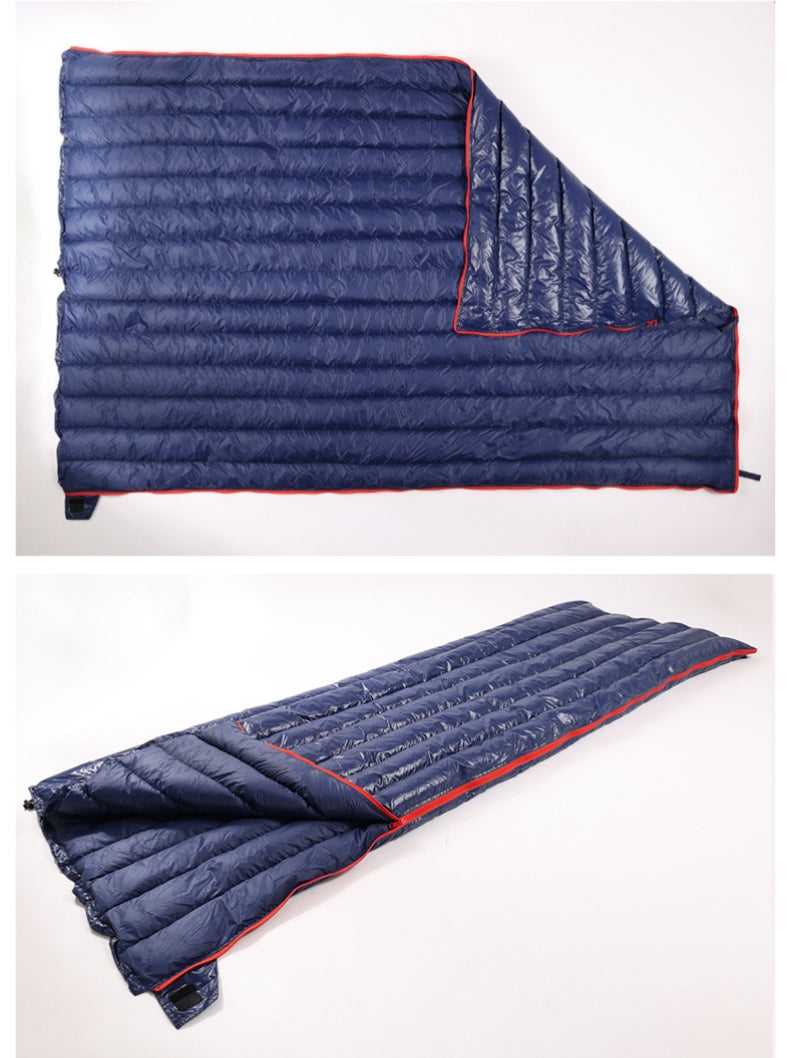 Rectangular sleeping bag fully unzipped and used as blanket or mat